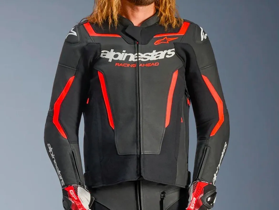 GIACCA PELLE GP FORCE V2 ALPINESTARS NERO / ROSSO FLUO