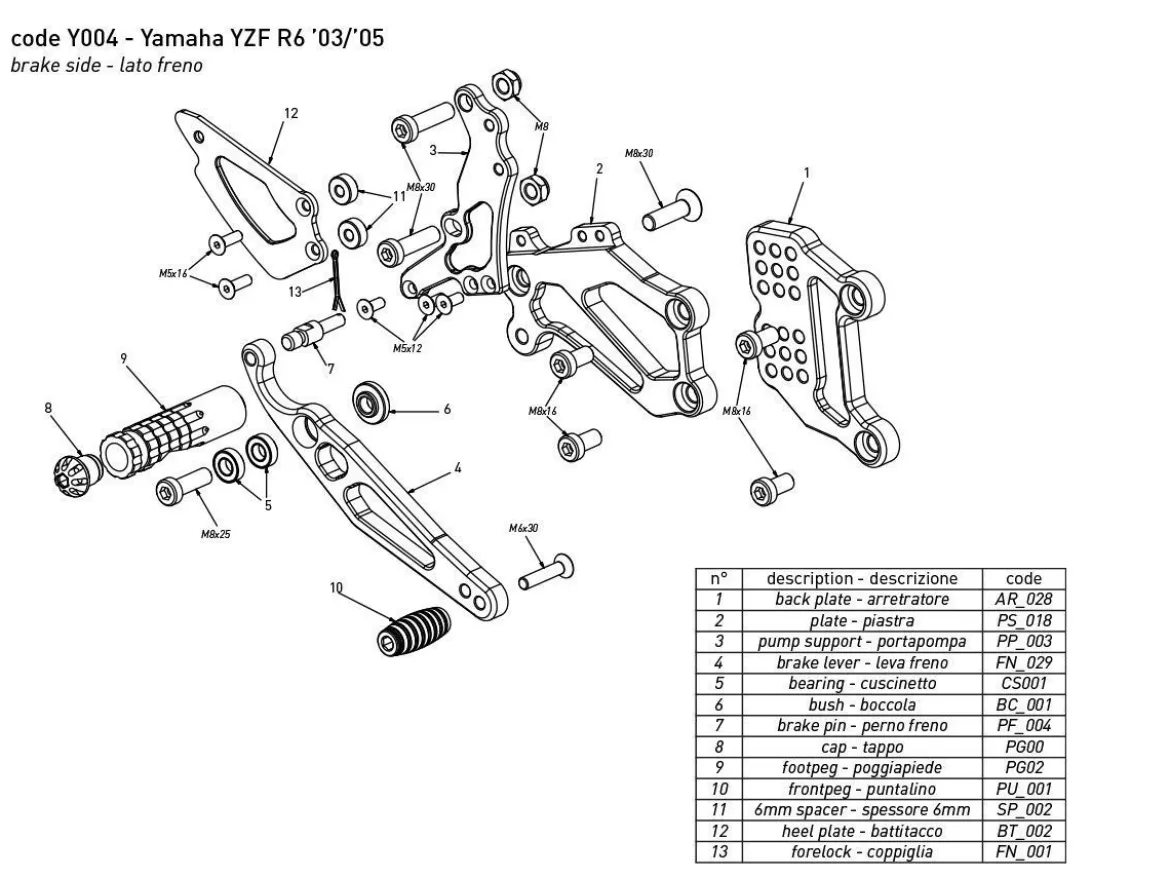PEDANE ARRETRATE BONAMICI RACING REGOLABILI YAMAHA YZF R6 2003-2005