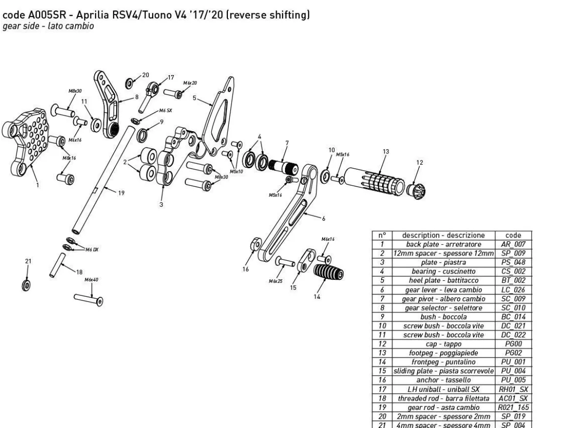 PEDANE ARRETRATE STRADALI BONAMICI + KIT LUCE APRILIA RSV4 / FACTORY 2017-2024
