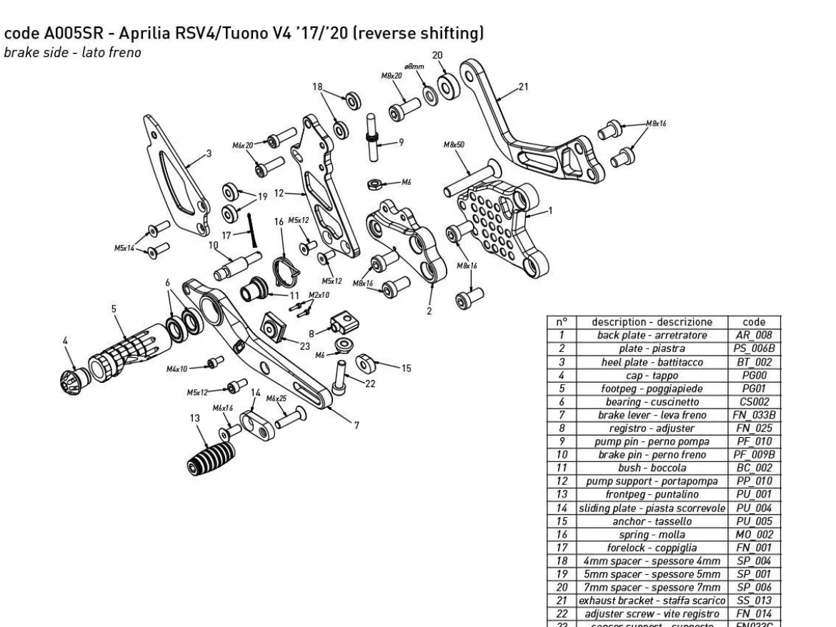PEDANE ARRETRATE STRADALI BONAMICI + KIT LUCE APRILIA RSV4 / FACTORY 2017-2024